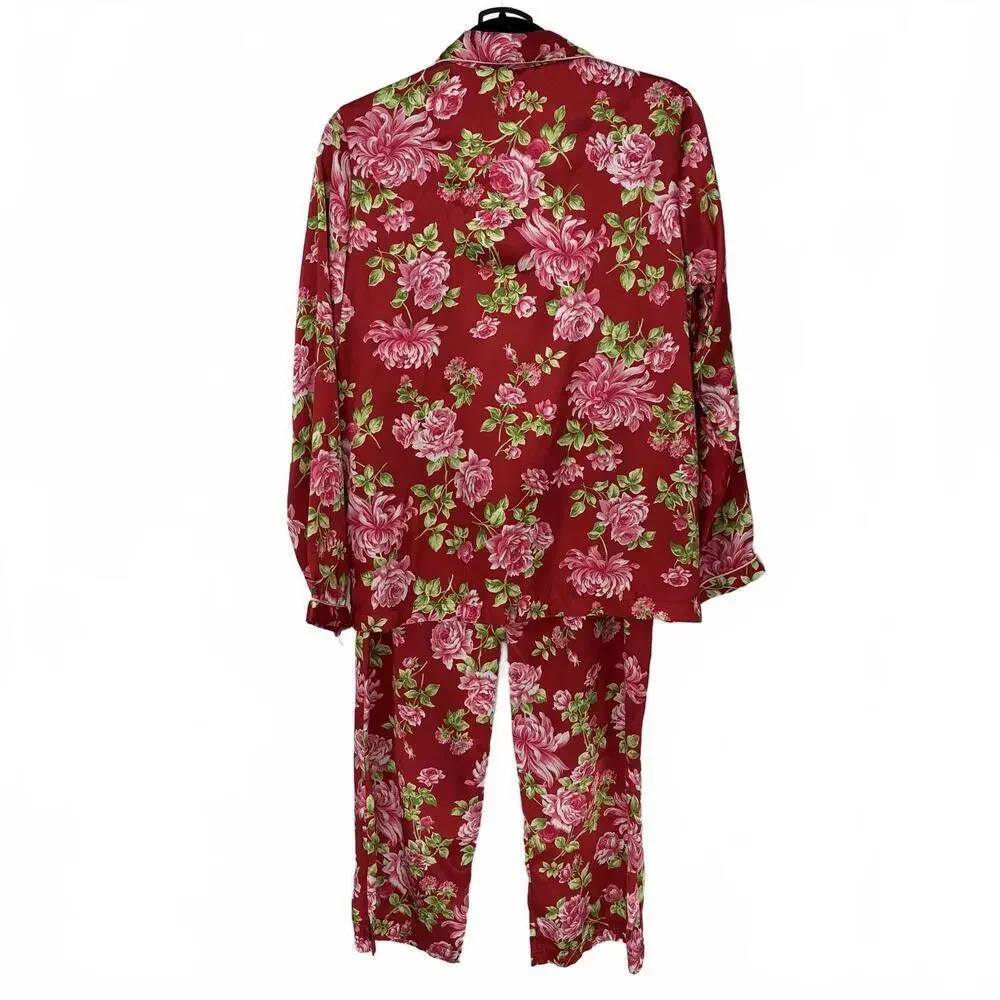 PINK Red Pink Roses Floral Print Satin Silky Long Sleeve Pants Pajama Set